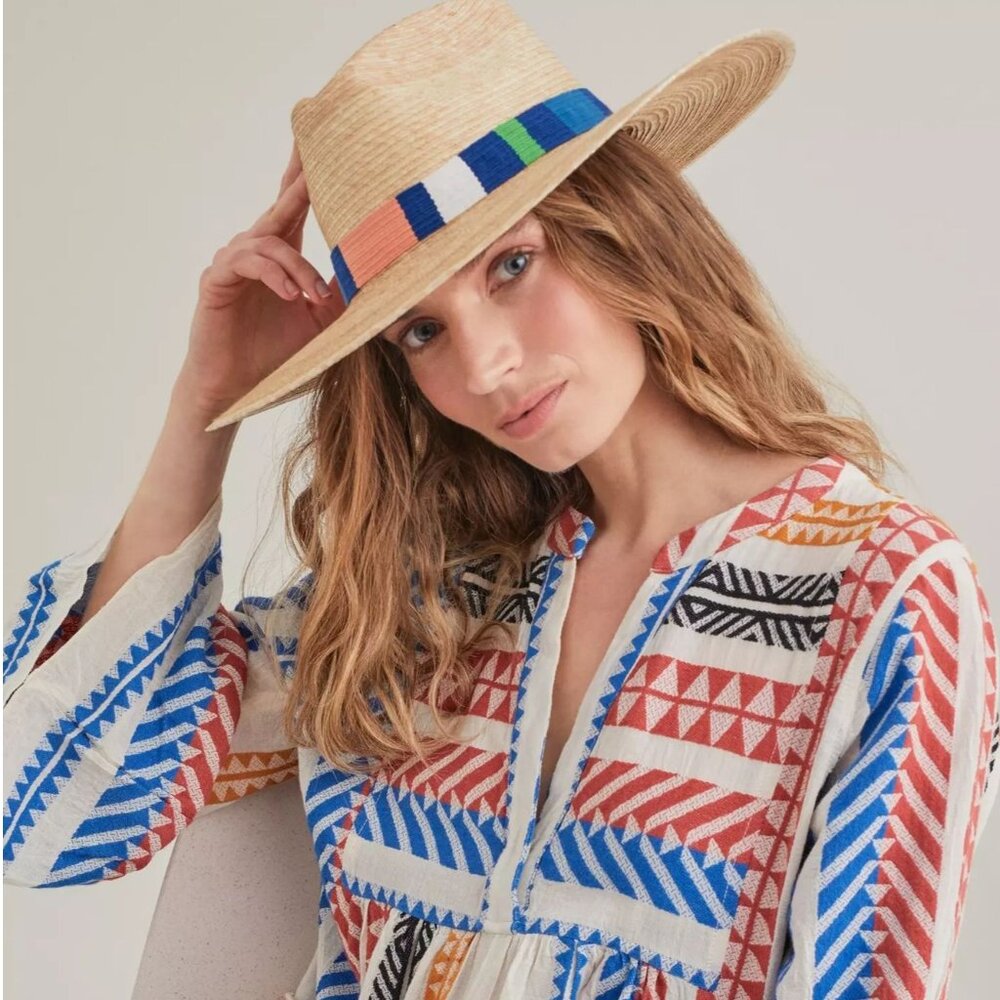 Natural Straw Fedora Hat with Multicolor Woven Band